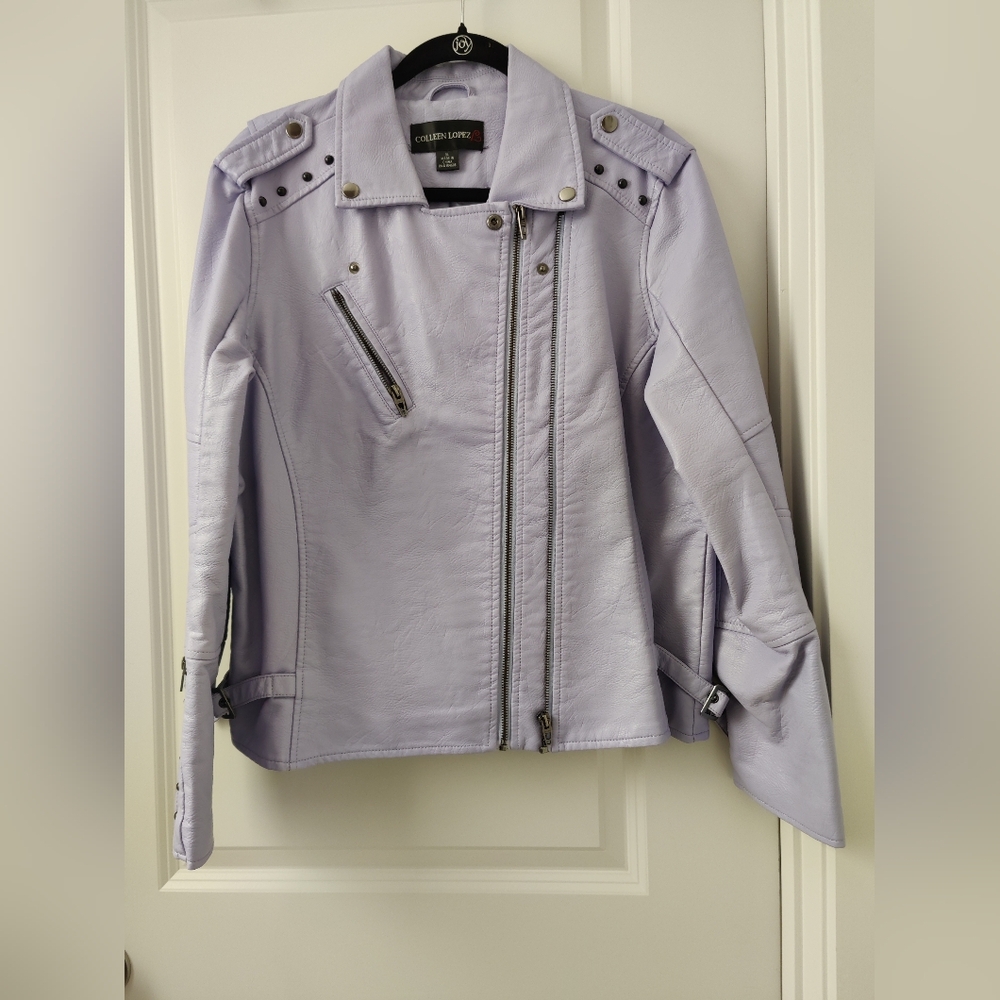 Colleen Lopez lavender Faux Leather Moto biker Jacket size XL